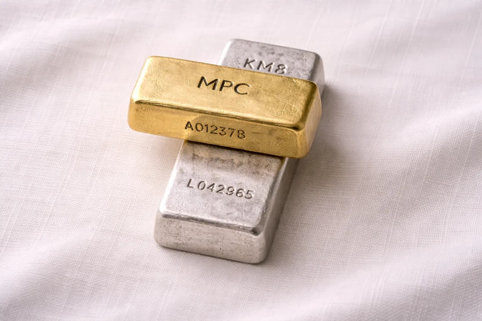 Cast goud- en zilverbaar parallel op wit linnen