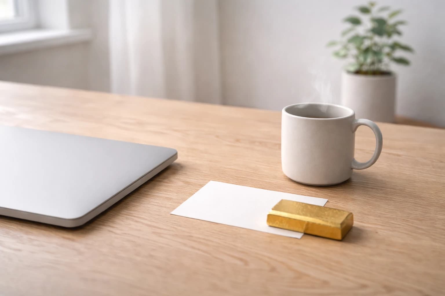 Gesloten laptop, ceramic mok met stoom en een cast goudbaar op licht eikenhout